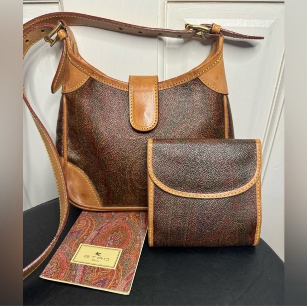 ETRO Vintage Bordeaux Paisley Small Crossbody & Bifold Matching Wallet Set EUC